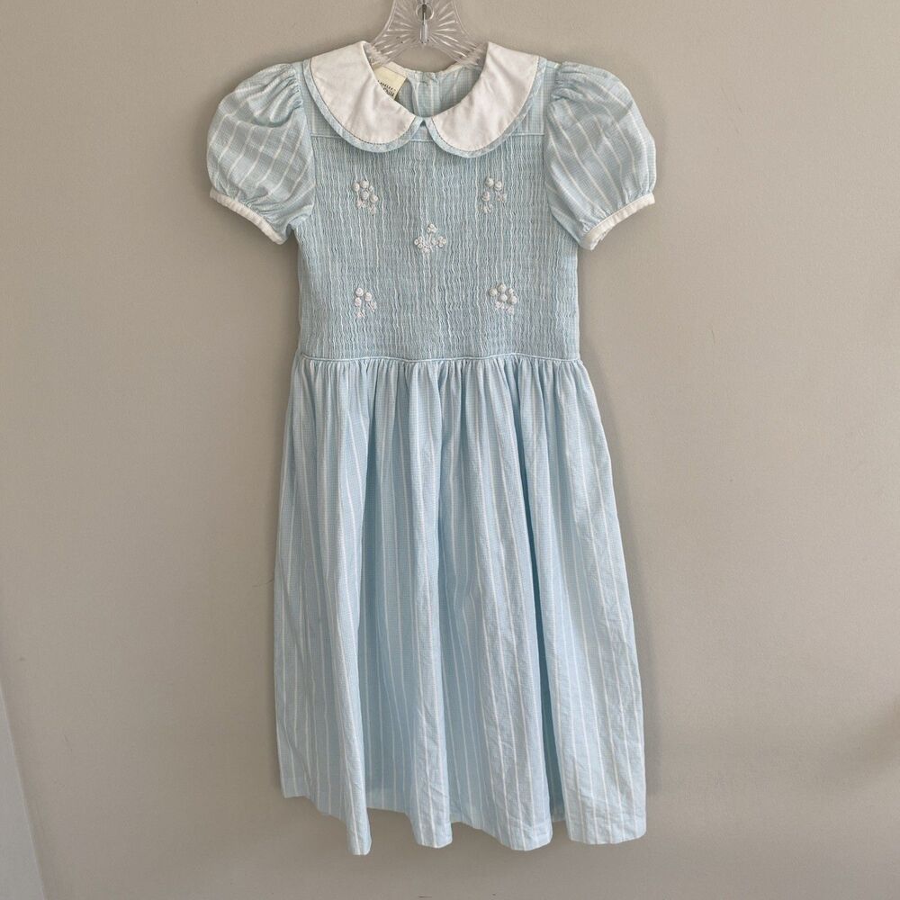 Vintage Laura Ashley Mother & Child Blue smocked embroidered Dress Size 9 years